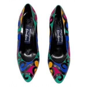 Andrea Pfister Neiman Marcus Vintage Pumps Multi Color Swirl Leather Heels 7.5‎